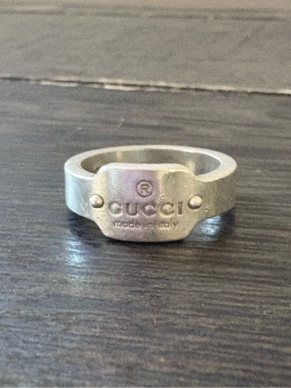 GUCCI 925 Silver Logo Tag Ring Size 5.5